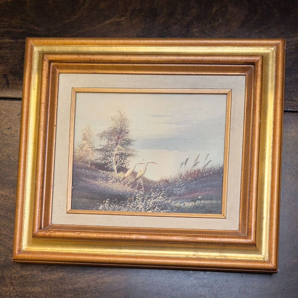 Vintage Landscape Oil Painting White Birds Trees 8x10 Framed Signed by Artist